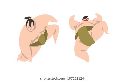 Sumo Wrestler as Japanese Martial Arts Fighter in Different Poses Vector Set