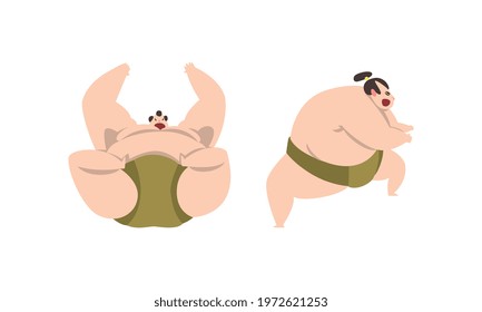 Sumo Wrestler as Japanese Martial Arts Fighter in Different Poses Vector Set