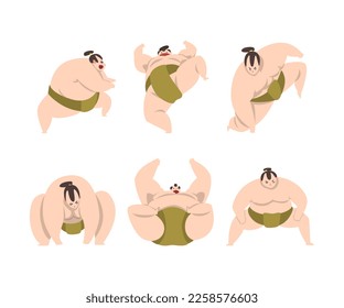 Sumo Wrestler as Japanese Martial Arts Fighter in Different Poses Vector Set