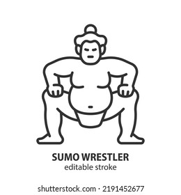 Sumo Wrestler Line Icon. Sumo Fighter Vector Sign. Japan National Sport. Editable Stroke.