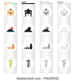 Sumo wrestler, Mount Fuji, bamboo, Japanese shoes, geta.Japan set collection icons in cartoon black monochrome outline style vector symbol stock illustration web.