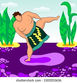 Sumo wrestler on the background of nature. Fair-skinned wrestler on the background of a purple river and green leaves, bushes