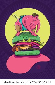 Sumo Wrestler on a Giant Burger: Fun and Quirky Vector Pop Art. A Japanese character meaning ‘Food.’ 