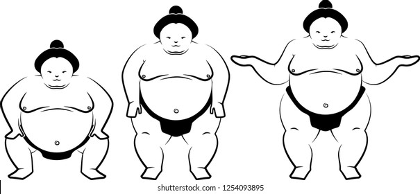 Sumo wrestler positions, outline sport person set collection
