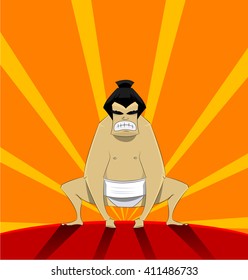 Sumo wrestler preparing to fight.  Cartoon vector illustration