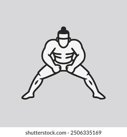 Sumo wrestler ready to fight. Black and white line art illustration of a sumo wrestler in a fighting stance.