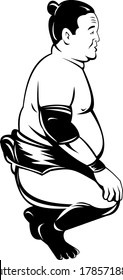 Sumo Wrestler or Rikishi Squatting Side View Retro Black and White 