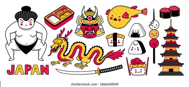 Sumo wrestler, samurai mask, fugu fish, dragon and sushi. Big set of japanese symbols for stickers, patches, badges, pins, prints. Kawaii cartoon characters. Vector illustration.