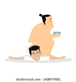sumo wrestler sitting on a person while eating vector illustration