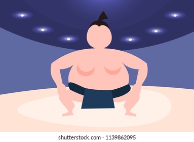 sumo wrestler sitting pose arena background male sport man activity cartoon character full length flat vector illustration