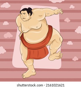 Sumo Wrestler standing in an aggressive stance with one leg up. Big Tall Huge Angry Man. Japanese Sport.