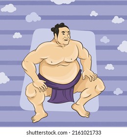 Sumo Wrestler standing in crouch stance. Side angle with background. Japanese Sport.