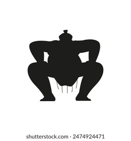 Sumo wrestler standing in crouch stance black silhouette. Fighting Japanese traditional martial art and combat sport activity. Vector outline illustration of heavy sportsman character isolated