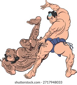 A sumo wrestler throwing his opponent - illustration of a winning move.