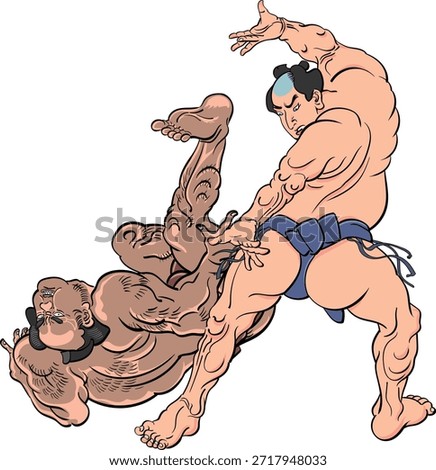 A sumo wrestler throwing his opponent - illustration of a winning move.