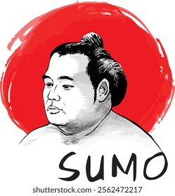 A sumo wrestler with a traditional topknot hairstyle stands in front of a large red circle, reminiscent of the Japanese flag in the background.