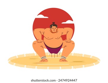 Sumo wrestler vector art. Traditional Japanese martial arts character in a classic pose against a red sun background. Flat stylized design with isolated background.