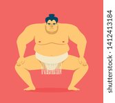 Sumo wrestler. Vector cartoon illustration isolated on white. Cute big Asian man. Raised hands, one leg, view from the back.