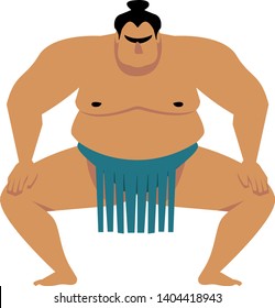 Sumo wrestler. Vector cartoon illustration isolated on white. Cute big Asian man. Raised hands, one leg, view from the back.