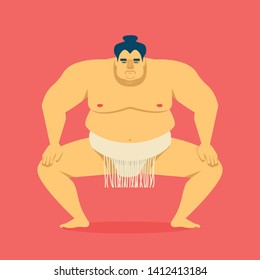 Sumo wrestler. Vector cartoon illustration isolated on white. Cute big Asian man. Raised hands, one leg, view from the back.