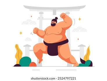 Ilustração de vetor Sumo Wrestler com luta contra a arte marcial tradicional japonesa e atividade esportiva em um plano de fundo de desenhos animados de estilo plano