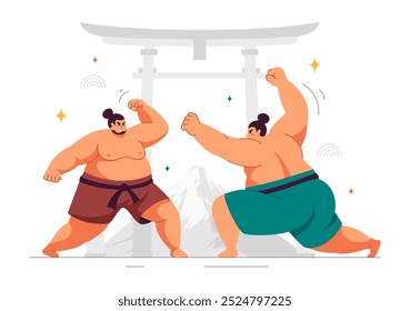 Sumo Wrestler Vector Illustration with Fighting Japanese Traditional Martial Art and Sport Activity in a Flat Style Cartoon Background