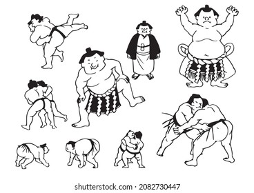 Sumo wrestler's illustration line drawing set
