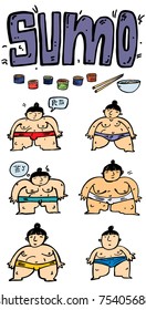 Sumo wrestlers illustration set