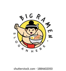 Sumo wrestlers Japanese doodle logo Design Flat Style. Sumo fighter with a bowl of ramen with chopsticks.Big Soup Ramen