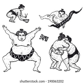 Sumo wrestlers Set/ Illustration of a set of doodle hand drawn sumo wrestlers fighting