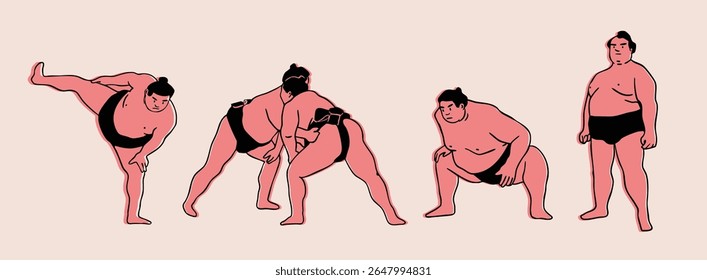 Sumo Wrestlers set. Various positions. Japanese traditional martial art, combat sport activity concept. Hand drawn trendy Vector illustration. Isolated design elements. Sticker, logo, print templates