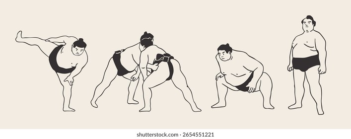 Sumo Wrestlers set. Various positions. Japanese traditional martial art, combat sport activity concept. Hand drawn trendy Vector illustration. Isolated design elements. Sticker, logo, print templates