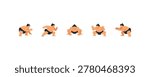 Sumo wrestlers in various poses and positions on white background.