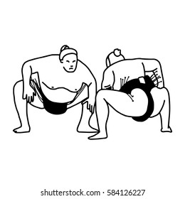 Sumo wrestling fight - vector illustration sketch hand drawn with black lines, isolated on white background