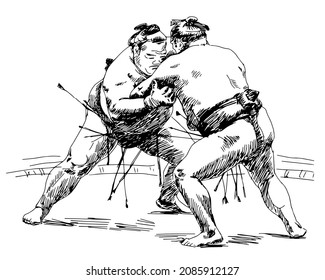 Sumo Wrestling. Two Wrestlers Try To Push Each Other Out In A Duel. Graphics, Sketch. Black Silhouette. Vector Illustration