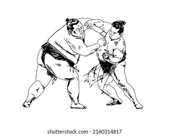 Sumo Wrestling. Two Wrestlers Try To Push Each Other Out In A Duel. Graphics, Sketch. Black Silhouette. Vector Illustration