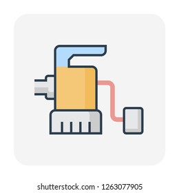 Sump pump, submersible pump or dewatering pump vector icon. 
Consist of electric motor, impeller and cable. For drainage system to remove water, flood, wastewater, sewage, groundwater and rainwater.