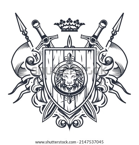 Sumptuous coat of arms with old wooden shield, swords and crown, knight crest, heraldic emblem or royal blazon, vector