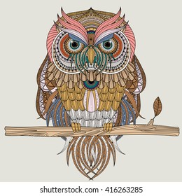 sumptuous owl coloring sitting on branch.