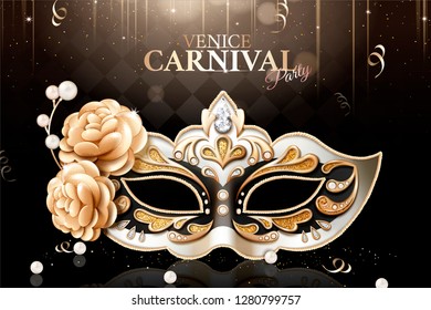 Sumptuous Venice carnival party mask with floral and glittering decorations on black background in 3d illustration