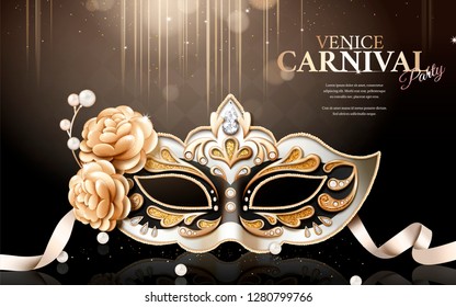 Sumptuous Venice carnival party mask with floral and glittering decorations on black background in 3d illustration