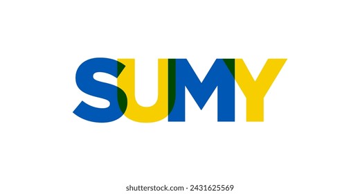 Sumy in der Ukraine Emblem für Druck und Web. Design-Features geometrischer Stil, Vektor-Illustration mit Fettschrift in moderner Schrift. Grafischer Slogan Schriftzug isoliert auf weißem Hintergrund.