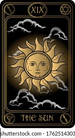 The Sun. The 19th card of Major arcana black and gold tarot cards. Tarot deck. Vector hand drawn illustration with skulls, occult, mystical and esoteric symbols.