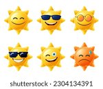 Sun 3D character. Happy yellow sun emoji with smiled face and sunglasses, hot summer season vector illustration set of sun face 3d, smile expression emotion