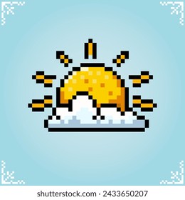 Sun in 8 bit pixel art for game assets and cross stitch patterns in vector illustrations.