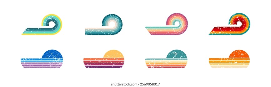 Sun 80s in retro style. Retro sunset. Vintage sunset. 70s 80s 90s style sun illustration. Vintage, retro, retrowave, old sun, sunset, sunrise, sunshine.