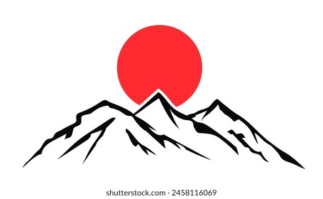 Sun above mountains silhouette - vector