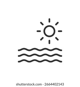 Sol acima da água, ícone linear. férias, tempo, mar ou praia ensolarada. Linha com traçado editável.