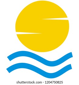 Sun above the water surface. Yellow sun and blue waves. Concept for holiday activity. Isolated object.