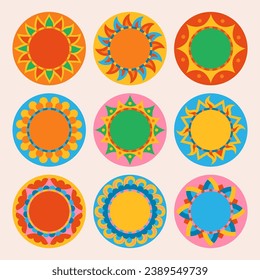 Sun abstract boho cartoon set. Ethnic bohemian style various suns. Sunny ornamental flat retro sticker collection. Summer vector isolated illustration for poster, print card book, wallpaper or textile